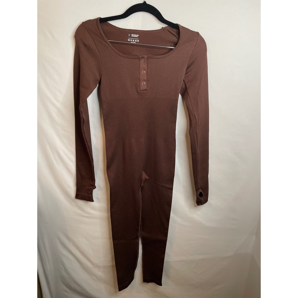 Unbranded Brown Ribbed Long Sleeve Henley Jumpsuit Size Small Thumbholes